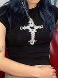 Joskaa Rock Hot Y2K Woman Crop tops emo Goth Vintage Slim Crucifix print T-shirt Aesthetic Personality Grunge Punk Streetwear Baby Tee