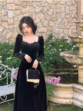 Joskaa Gothic Vintage Balck Long Sleeve Dress Woman Elegant Fashion Velvet Midi Dress Korean Style Even Party Dress Casual 2025 Spring