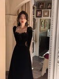 Joskaa 2025 Autumn Slim Black Velvet Dress Casual Korean Fashion Elegant Midi Dress Woman Party Long Sleeve Vintage Lace Dress Design