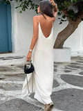 Joskaa Elegant Satin V-neck Split Maxi Dress Women Loose Backless Sleeveless Female Dresses 2024 Summer Lady White Holiday Beach Robes