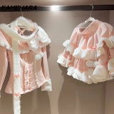 Joskaa Sweet Cute Bow Collar Dopamine Atmosphere Pure Desire Slimming Top Vintage Lolita Half Ruffles Skirt Y2k Two Piece Set