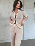 thanksgiving outfit Joskaa Sexy Hollow Out Knit T-shirt Pants Sets Women Lapel Button See Through Shirt Wide Leg Pant 2024 Summer Lady Chic Beach Outfits