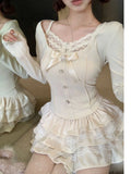 Joskaa Japanese Kawaii Y2k 2 Piece Set Women Lace Sexy Elegant Retro Skirt Suit Female Autumn Winter Chic Tops + Cake Mini Skirt 2025