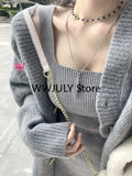 Joskaa 2025 Grey Knitted 2 Piece Dress Set Women Elegant Sweater Cardigan + Sexy Bodycon Slim Mini Dress Outwear Korean Fashion Suit