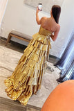 Joskaa Gold Ruffle Tiered Prom Gown Strapless Elegant Sleeveless Evening Formal A-line Floor-Length Party Dress for Women 2024-(PRE-ORDER)