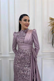 Joskaa Modest Long Sleeve فساتين سهرة Luxurious Purple Satin Vestidos De Fiesta Sequins Elegant High Neck Porm Dresses 2024-(PRE-ORDER)