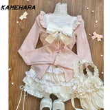 Joskaa Japanese Cute Little Fresh Camisole Y2k Subculture Pink Slimming Cardigan Fashion Patchwork Cake Skirt Three Piece Sets