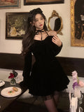 Joskaa 2025 Winter Vintage Red Velvet Short Party Dress Woman Bow Elegant Y2k Mini Dress Lolita Kawaii One Piece Dress Korean Fashion