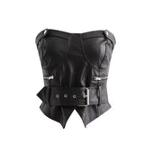 Joskaa Sweet Y2k New 2 Piece Set Women Design Sexy Vintage Skirt Suit Female Korean Sleeveless Leather Top + Slim High Waist Mini Skirt