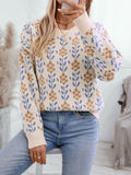 christmas outfit Joskaa Long Sleeves Loose Knitted Flower Split-Joint Round-Neck Pullovers Sweater Tops