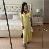 Joskaa Elegant Knit Maxi Straight Dress Women Slim Lapel Single Breasted Pockets Long Sleeve Dresses 2024 Summer Lady Casual Solid Gown