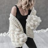 christmas outfit Joskaa Chic Coarse Crochet Cardigan 3D Floral Hook Sweater Hand Knitted Coat V-Neck Rough Wool Lantern Sleeved Loose Jacket Tops 2025