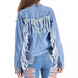 christmas outfit Joskaa Back Sleeves Tassel Denim Jacket Coat 2025 Autumn New Blue Jean Jacket Woman