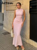 Joskaa Elegant Pleated Long Dresses Women Bodycon Sleeveless Half High Collar Back Split Long Dress 2024 Summer Lady Pink Party Robes