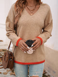 christmas outfit Joskaa Long Sleeves Loose Contrast Color V-Neck Pullovers Sweater Tops