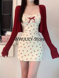 Joskaa Sweet 2 Piece Dress Set Woman Red Long Sleeve Cardigan + Strap Floral Y2k Mini Dress Party Korean Fashion Suit 2025 Autumn Chic