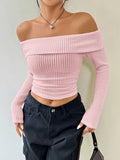 christmas outfit Joskaa Long Sleeves Skinny Pleated Solid Color Split-Joint Off-The-Shoulder Sweater Tops