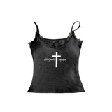 Joskaa Letter suspenders cross print gothic rock aesthetic Y2K crop tops emo girl harajuku grunge punk retro street casual women's tops