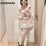 Joskaa Autumn French Sweet Pink Collar Bubble Sleeve Knitted Cardigan Harajuku Style Versatile Short Skirt Y2k Two Piece Sets