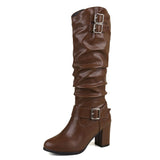 thanksgiving outfit Joskaa Female Knee Boots Round Toe Chunky Heels 7.5cm Size 50 51 52 Pleated Vintage Daily Bota