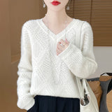 christmas outfit Joskaa V-neck Hook Flower Women's Pullover Loose and Thick Hollow Knitted Cashmere Sweater for Autumn and Winter