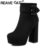 thanksgiving outfit Joskaa Sexy Women Ankle Boots Round Toe Block Heels 12cm Platform Flock Suede Size 45 46 Party Bota