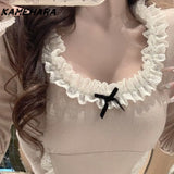 Joskaa Sexy Square Collar Lace Ruffle Patchwork Long Sleeve Slim Spicy Girl Y2k Tops Spring New Bottoming Graphic T Shirts