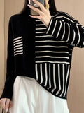 christmas outfit Joskaa Long Sleeves Loose Contrast Color Striped High Neck Pullovers Sweater Tops