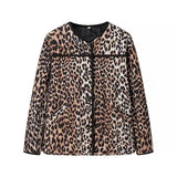 Joskaa Panelled Leopard Print Cotton Coat Women Vintage O-neck Single Breasted Pockets Long Sleeves Quilted Jacket 2024 Lady Chic Parka