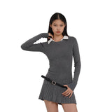 Joskaa Women Korean Preppy Style Mini Black Shirt Dress Fake Two Pieces Long Sleeve One-Piece with Belt 2000s Aesthetic Party Y2k Tide