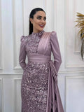 Joskaa Modest Long Sleeve فساتين سهرة Luxurious Purple Satin Vestidos De Fiesta Sequins Elegant High Neck Porm Dresses 2024-(PRE-ORDER)