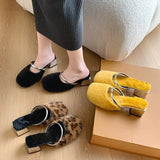 Joskaa Comfortable Soft Fur Mules Slippers Women Autumn Winter Square Heels Warm Plush Slippers Woman High Heel Faux Fur Slides