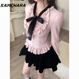 Joskaa Spring Autumn Korean Sweet Lolita Gentle Style Bow Long Sleeve Top High Waist Slim A-line Half Body Skirt Y2k Sets 2025