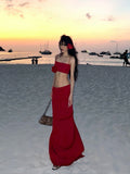 Joskaa 2025 Summer Red Sexy Holiday Dress Suit Hot Girls 2000s Sweet Casual Camios + Elegant Fashion Midi Skirt Beach Style Clothing