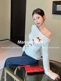 Joskaa Autumn Winte Sweet Bow Knitted Pullover Women Off Shoulder Sexy Chic Long Sleeve Sweaters Korean Style Kawaii Fashion Tops New