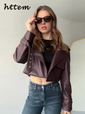 Joskaa Fashion Women's Burgundy Crop Leather Jacket Vintage Lapel Pockets Long Sleeve Coat 2024 Autumn Winter Lady Street Loose Outwear