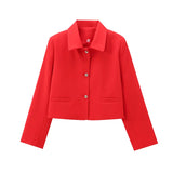 Joskaa Street Red Single Breasted Short Coats Women Lapel Long Sleeve Pockets Female Jackets 2024 Autumn Lady Elegant Commute Outwear