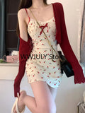 Joskaa Sweet 2 Piece Dress Set Woman Red Long Sleeve Cardigan + Strap Floral Y2k Mini Dress Party Korean Fashion Suit 2025 Autumn Chic