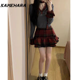 Joskaa Korean Style Chic Sweet Spicy Red Checkered Patchwork Long Sleeve Top High Waist Slimming Cake Skirt Y2k Two-piece Set