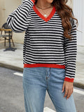 christmas outfit Joskaa Long Sleeves Loose Contrast Color Jacquard Striped V-Neck Pullovers Sweater Tops