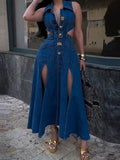 Joskaa Hollow Out Denim Long Dress Women Slim Lapel Sleeveless Metal Buckle Multi Split Female Dresses 2024 Summer Lady Chic Streetwear