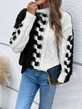 christmas outfit Joskaa Two-tone Turtle Neck Cable Knit Sweater Casual Long Sleeve Pullover Sweater Women's Clothing