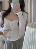 Joskaa 2025 Spring Basic Lace Y2k Crop Tops Woman Slim Pure Color Korean T-shirt Office Lady Casual Fashion Clothing Female Design