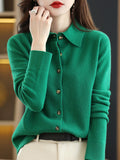 christmas outfit Joskaa Casual Loose Long Sleeves Buttoned Solid Color Lapel Collar Cardigan Tops