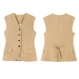 Joskaa Solid Pants Suits Women 2 Pieces Fashion V Neck Single Breasted Vest Female Sets Pocket Zipped Belt Trouser 2025 New Office Lady