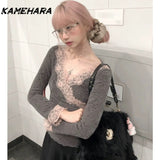 Joskaa Japanese Harajuku Strapless Vest Design Sense V-neck Sweater Cardigan Shibuya Y2k Retro Slim Fit Top E-girl Gothic Tees