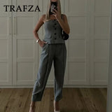 thanksgiving outfit Joskaa 2024 Autumn Winter Women Vintage Solid Suits Fashion Casual Skew Collar Sleeveless Button Vests+Straight Pencil Pants