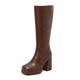 thanksgiving outfit Joskaa Women Knee High Boots Toe Block Heels 10cm Platform 2.5cm Big Size 43 Concise Female Bota