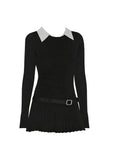 Joskaa Women Korean Preppy Style Mini Black Shirt Dress Fake Two Pieces Long Sleeve One-Piece with Belt 2000s Aesthetic Party Y2k Tide