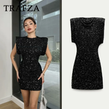 thanksgiving outfit Joskaa 2024 Women Sequined Party Dress Shoulder Pad Sheath Mini Dress Sleeveless Nightclub Party Women Elegant Chic Dresses